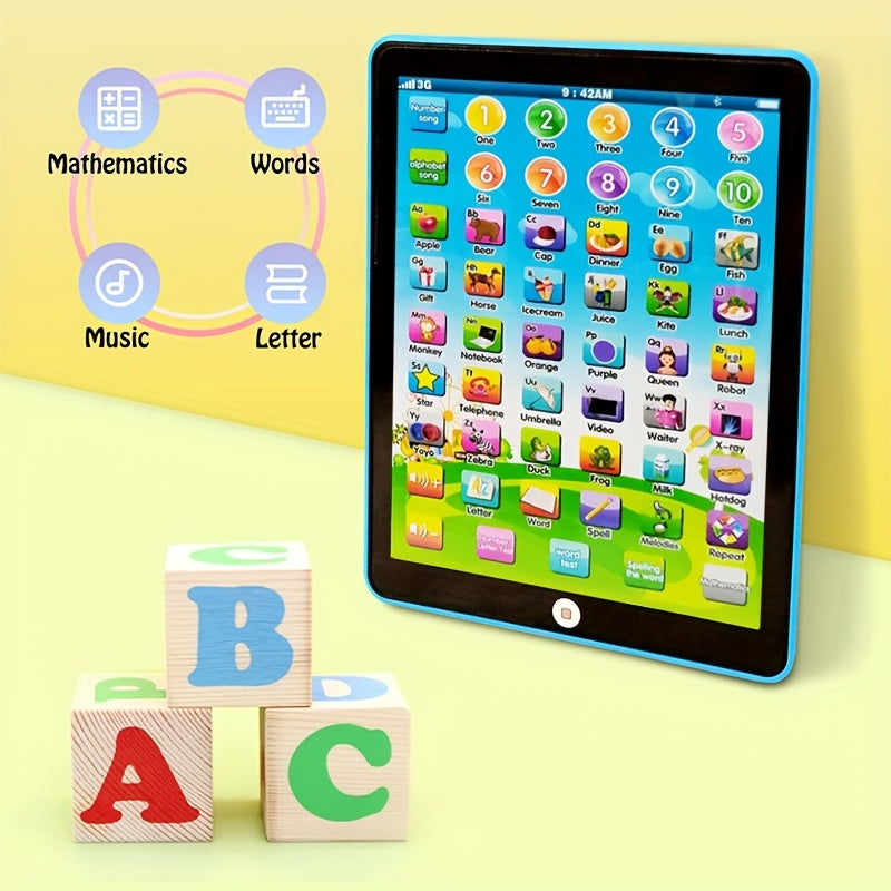 Educational tablet toy for children with interactive learning games in music, numbers, spelling, words, and alphabets. Battery-powered.