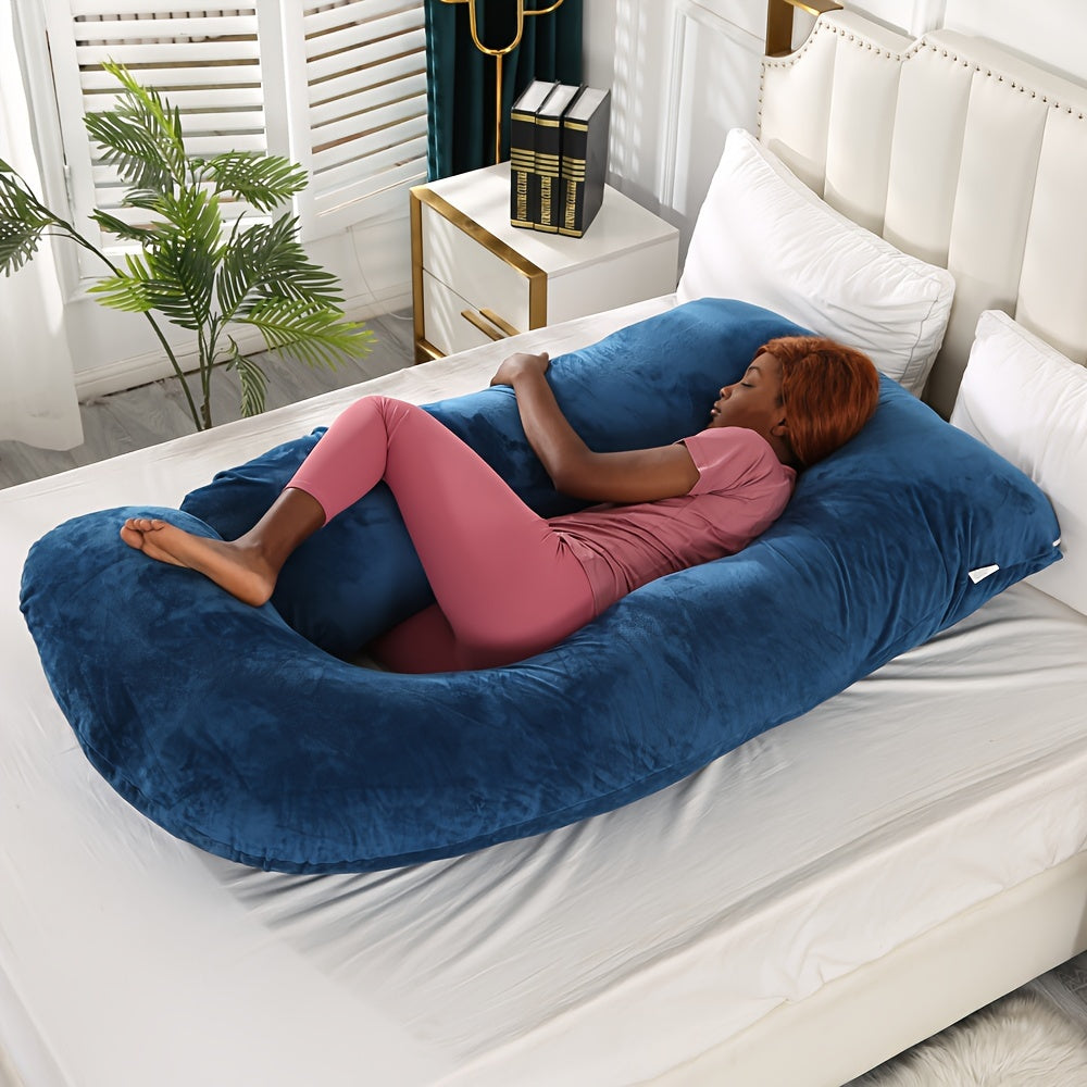 Crystal velvet J-shaped pregnancy pillow that doubles as a nursing, nap, and side sleeping pillow. Provides belly and lumbar support for pregnant women.