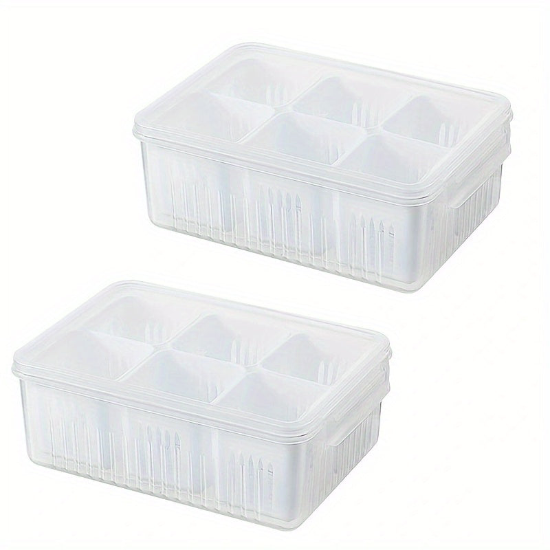 Kitchen Scallion Storage Box with 6 compartments for scallions, ginger, garlic, and other fresh ingredients. The box is designed to keep your fruits and vegetables fresh in the refrigerator, with a built-in drain feature for easy cleaning.