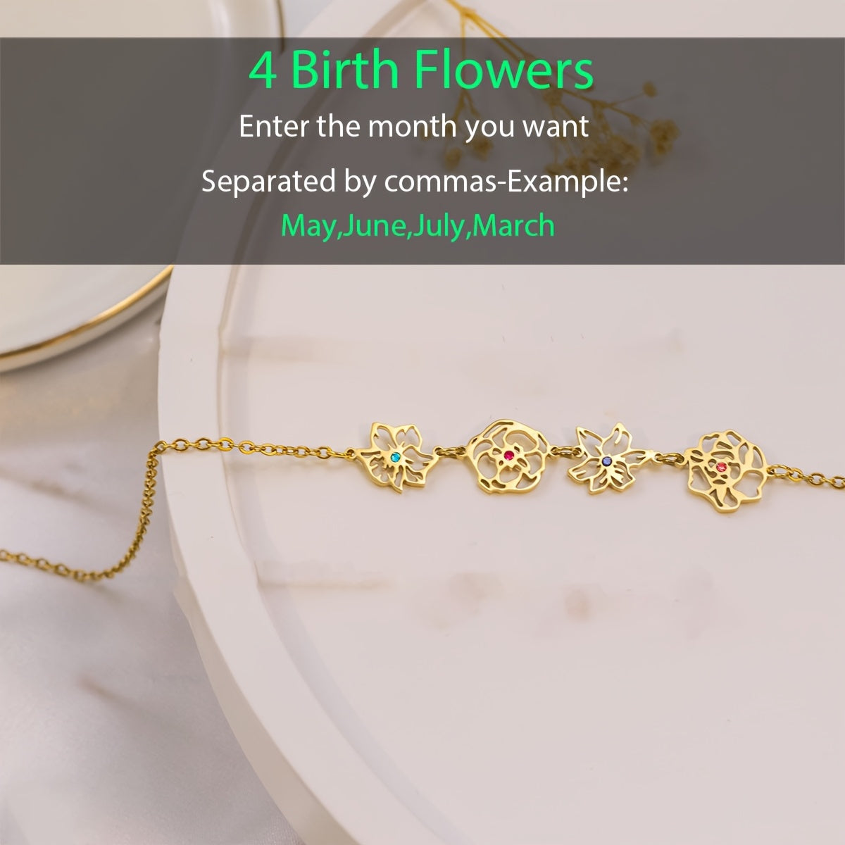 Customizable Women's Elegant Birthday Flower Necklace made with 18K Gold Plated Stainless Steel, featuring 2-4 Birthstones and Rhinestone Inlay - Ideal for Valentine's Day, Mother's Day, Christmas, and Bouquet Gift Giving.