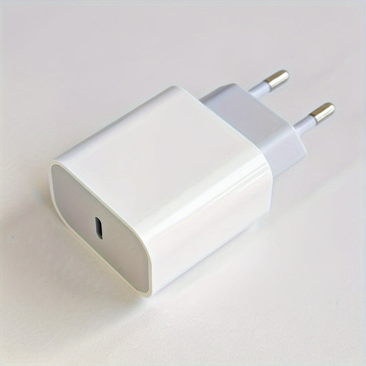 Compact 10W USB-C charger with EU plug, great for European travel, works with iPhone, iPad, Galaxy, and other USB-C devices, ensures safe and smart power delivery.