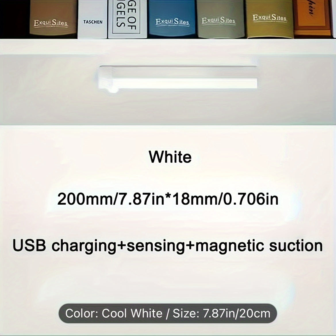 USB rechargeable motion sensor night light with warm and white light options, suitable for under cabinet, kitchen, wardrobe, and more.