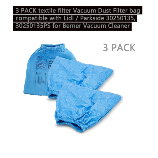 Set of 3 High-Quality Fabric Vacuum Filters for Lidl/Parkside 30250135, 30250135PS - Simple to Clean and Compatible with Berner Vacuums