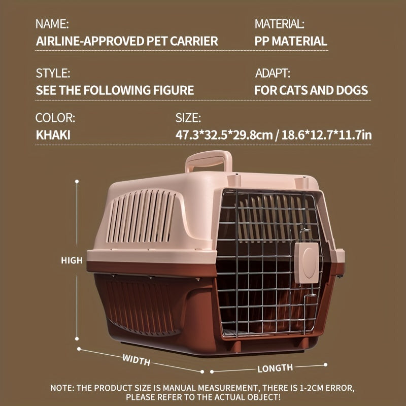 Airline approved portable pet carrier with secure locking mechanism and comfortable padding for cats and dogs.