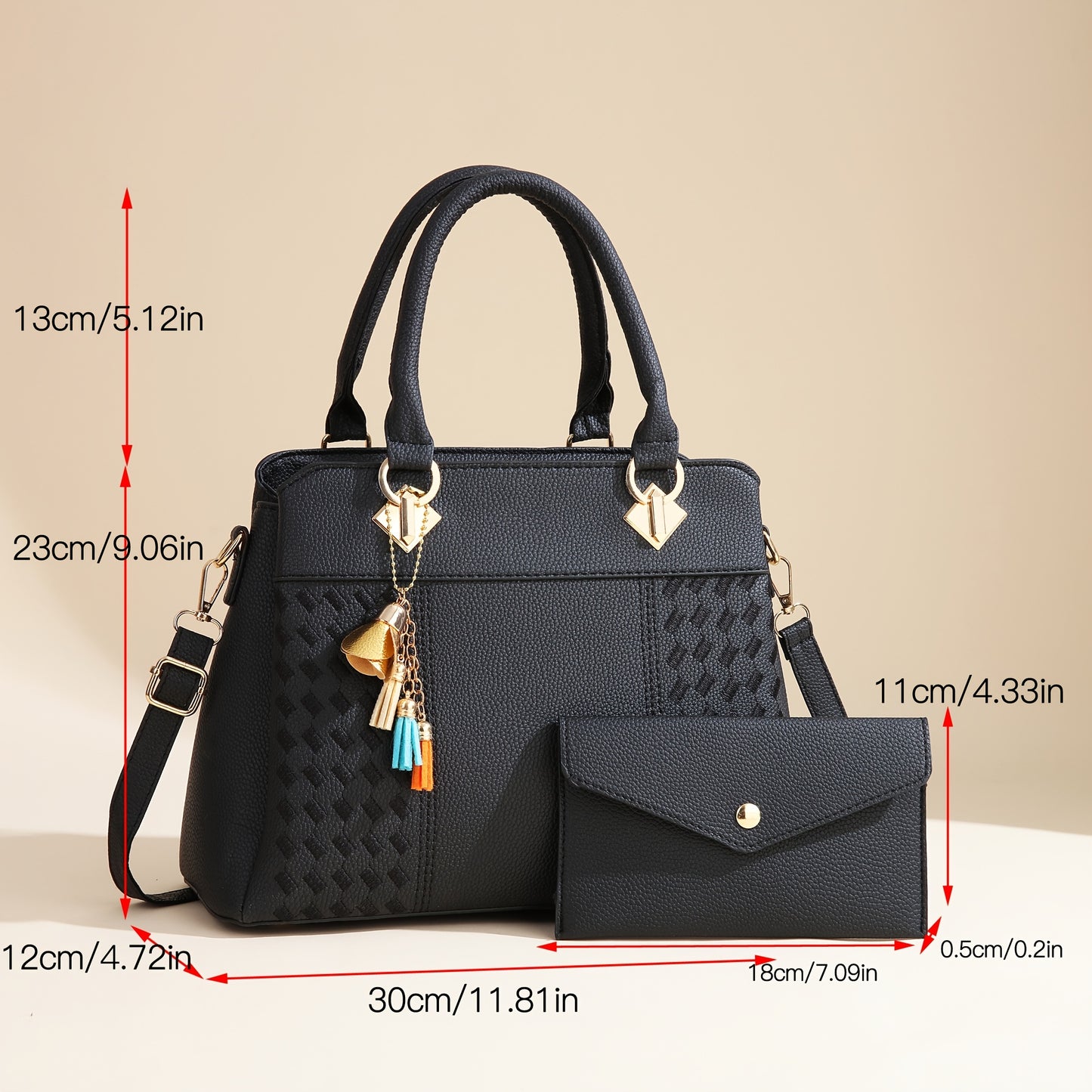 Stylish women's tote bag set in black with removable strap, zipper closure, polyester lining, includes crossbody and clutch. Large capacity and fashionable, perfect for Mother's Day or