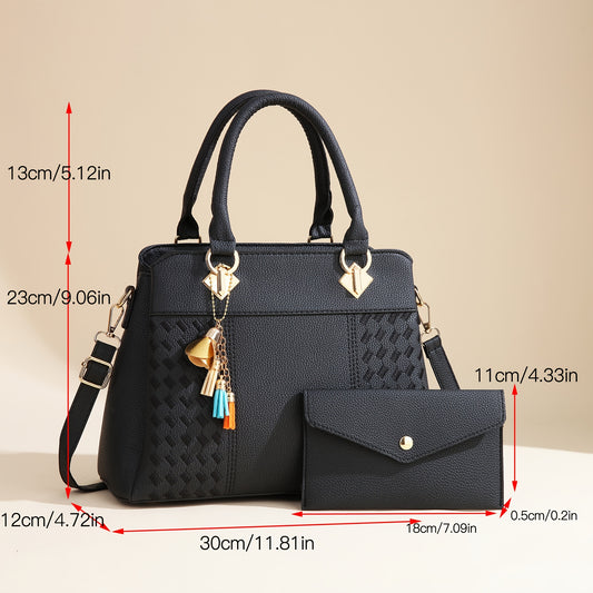 Stylish women's tote bag set in black with removable strap, zipper closure, polyester lining, includes crossbody and clutch. Large capacity and fashionable, perfect for Mother's Day or