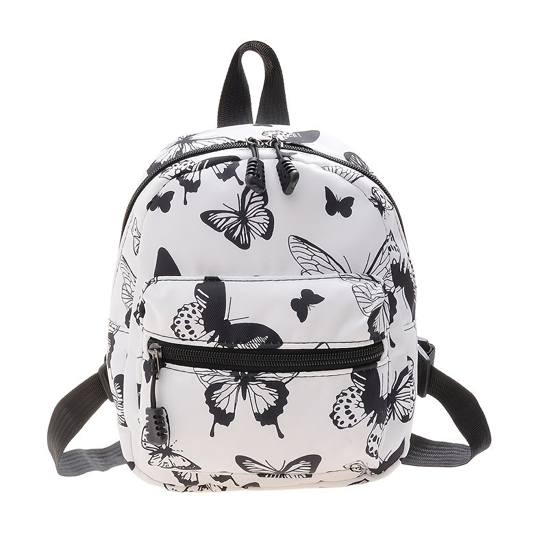 Playful butterfly-printed backpack for girls in preppy style with adjustable strap, white polyester lining. Hand wash or dry clean.