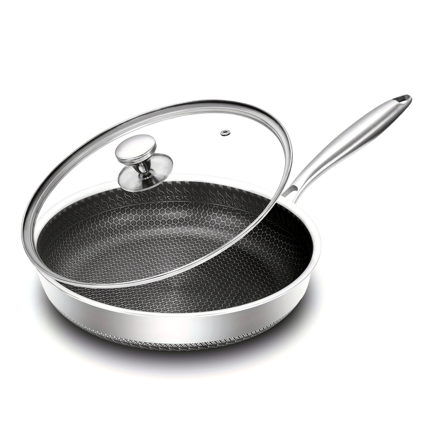 Durable 12-Inch Stainless Steel Skillet with Honeycomb Design, Non-Stick and Scratch-Resistant Coating. Dishwasher Safe with Smooth Bottom perfect for cooking Eggs and Steaks.