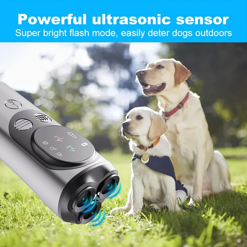 Rechargeable bark control device with LED flashlight for training dogs, with USB charging and lithium battery.