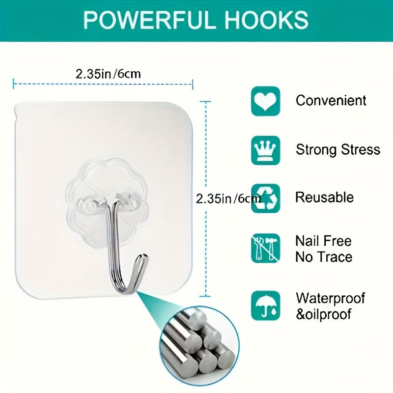 Waterproof adhesive wall hooks for kitchen and bathroom, 10 pieces.