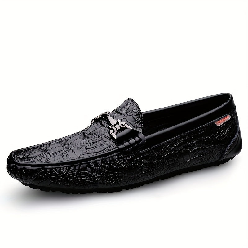 Crocodile pattern loafers for men with slip-on style and PU upper, perfect for various occasions and all seasons.