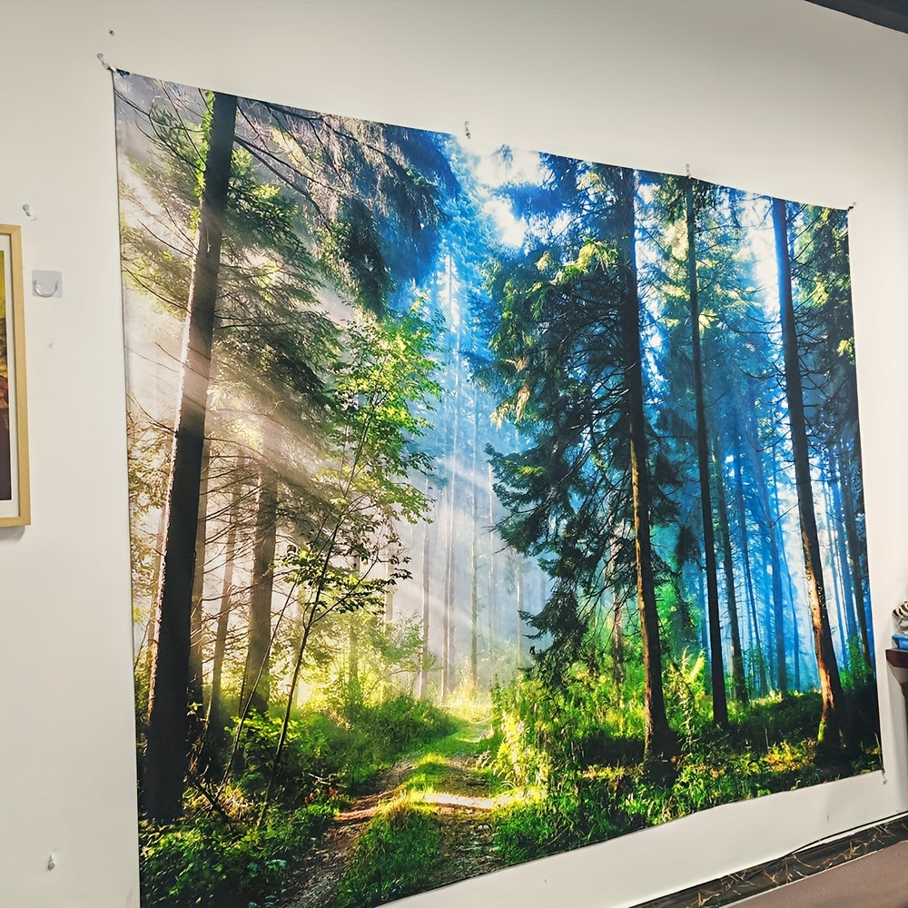 Super large forest landscape background decoration made of brushed polyester with a striped pattern. Comes with 6 pairs of installation package for indoor bedroom.