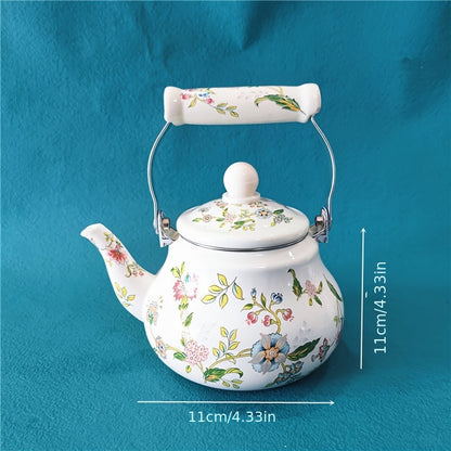 A stylish 1.5L enamel kettle, featuring an aromatic floral design and pear-shaped body. Safe for use on gas and induction cookers, perfect for brewing tea and making cold drinks. Includes a built-in strainer for easy use.