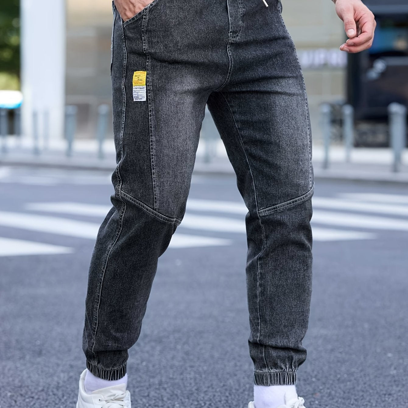 Men's denim cropped pants with pockets, drawstring waist, perfect for fall and winter outdoor activities.