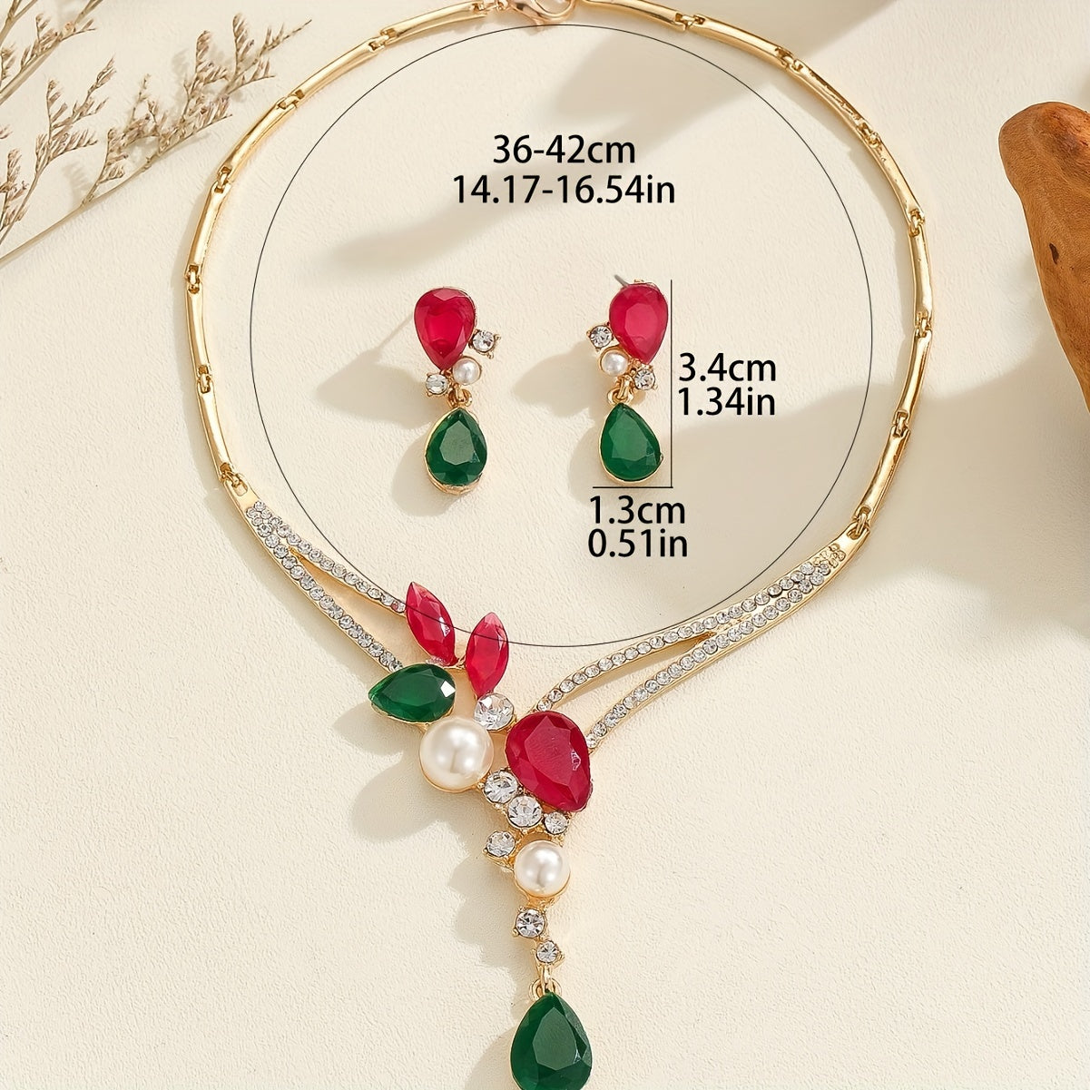 Elegant Vintage Jewelry Set with Geometric Red and Green Pendant, Perfect for Weddings and Special Events - Includes Zinc Alloy Necklace and Stainless Steel Ear Needles adorned with Rhinestone Accents