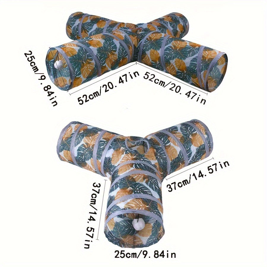 Collapsible cat tunnel with playful leaf print, foldable polyester pet toy for cats. Interactive and stimulating fun, easy to store and clean. Durable interactive cat toy.