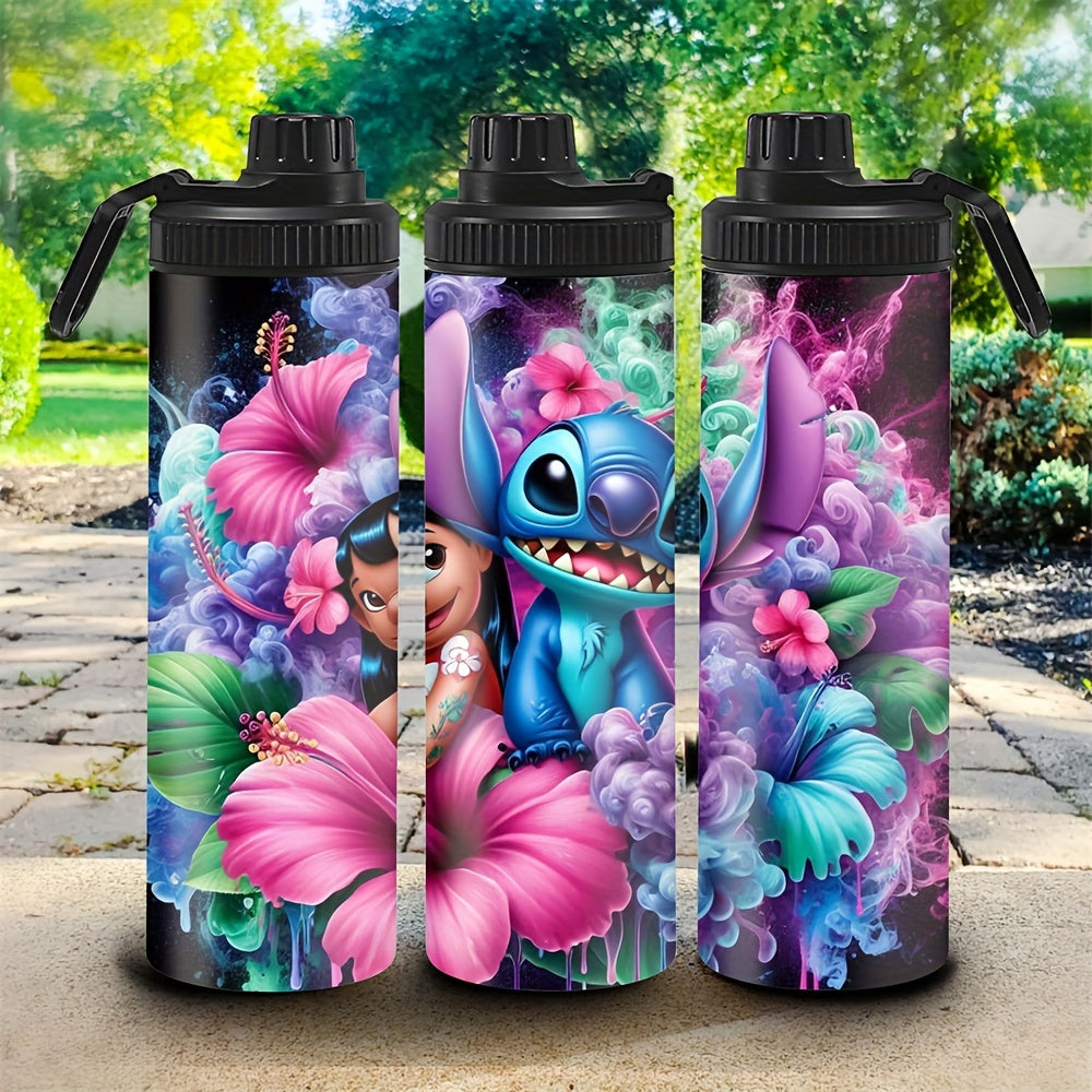 20oz stainless steel water bottle with Stitch and Lilo design, lockable lid, BPS-free, ideal for hot & cold beverages, perfect for outdoor travel, reusable & durable - great Christmas and birthday gift option.