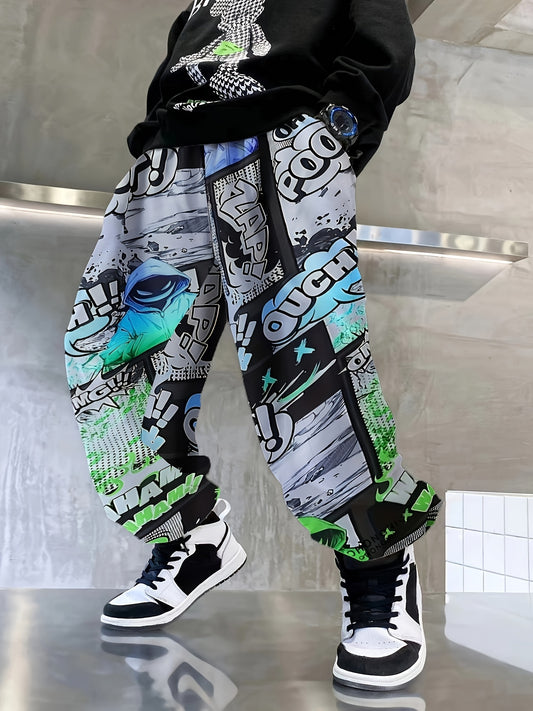 Comfy boys joggers with graffiti and ink splashes, elastic waist.