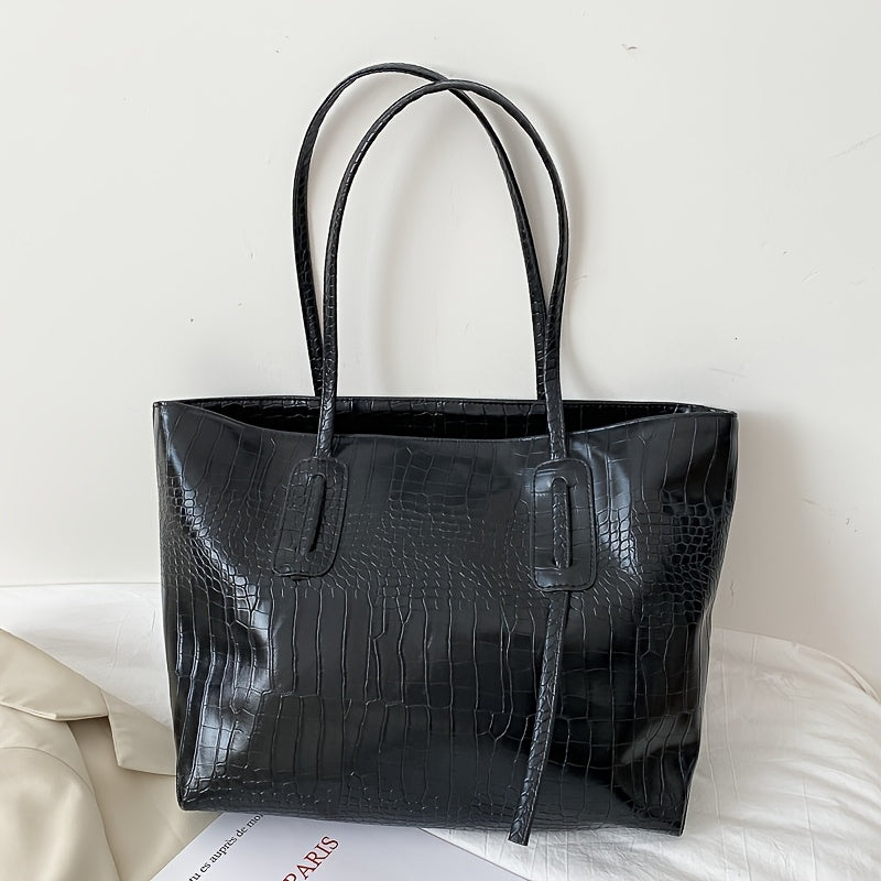 Women's large capacity tote bag with crocodile pattern synthetic leather, zipper closure, black & beige options, ideal for everyday use.