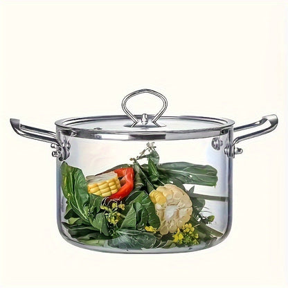 A high-quality glass cooking pot with a stainless steel handle and a lid, crafted from durable borosilicate glass. Ideal for home cooking stew and soup, available in various sizes for your convenience.