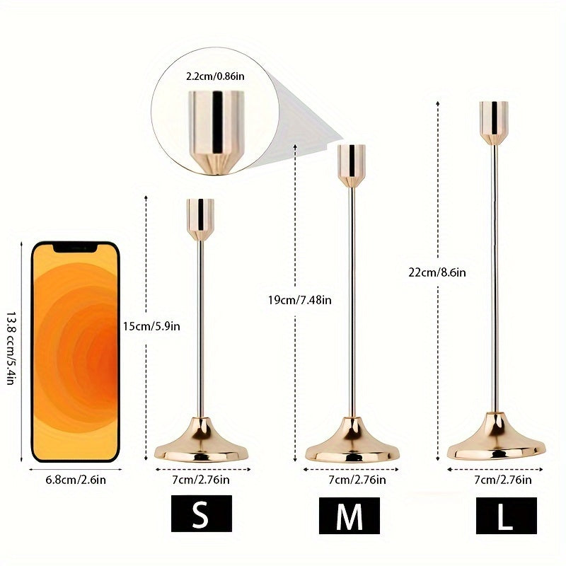 Set of 3 elegant metal candle holders in golden and rose golden finish, perfect for various festive occasions. Durable, easy to assemble, ideal for home and hotel decor. (Candles not included).