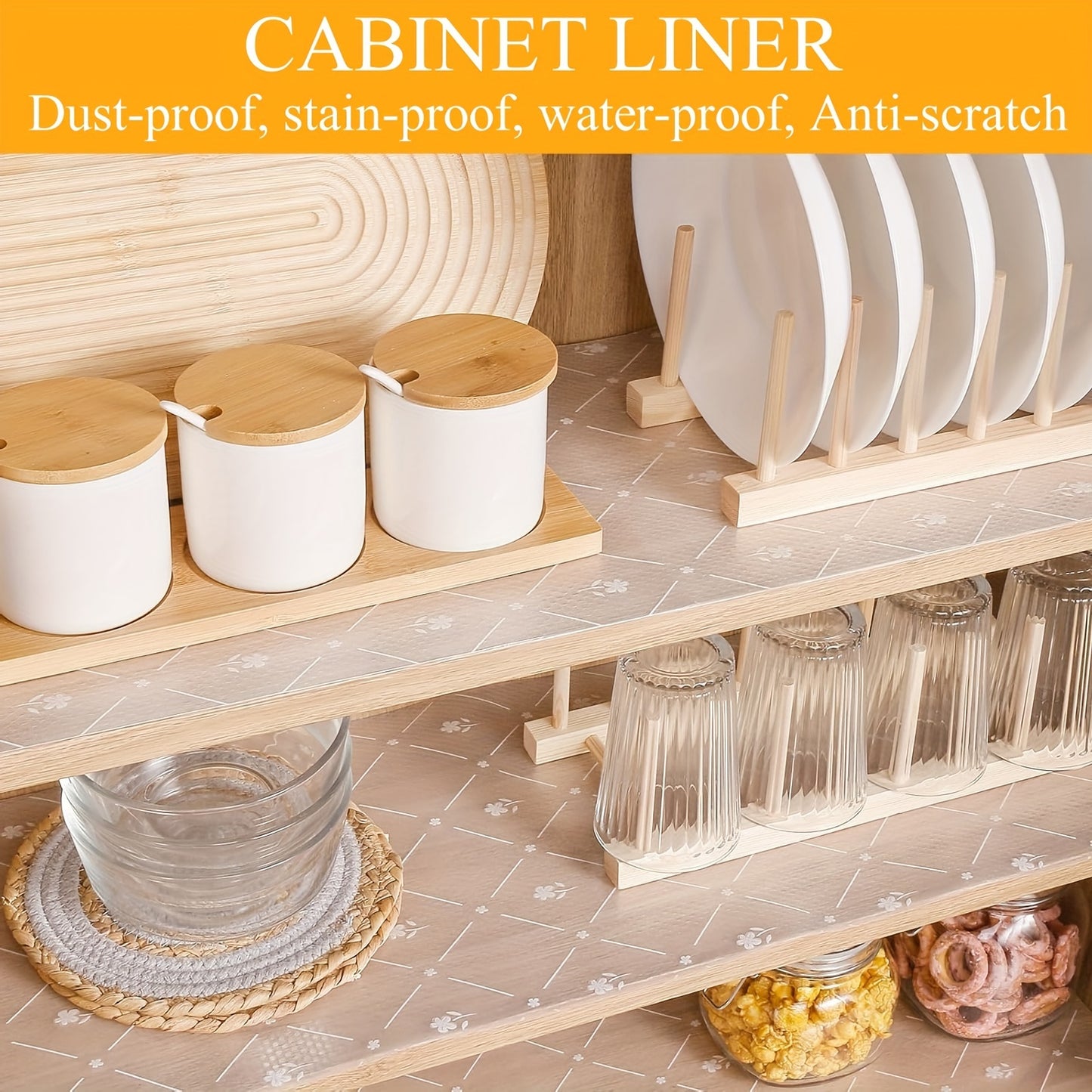 Waterproof and non-slip EVA shelf liner for cabinets, drawers, kitchen, refrigerator, table, wardrobe, shoe cabinet, and more. Also doubles as a disposable cutting board. Perfect for kitchen and outdoor camping supplies.