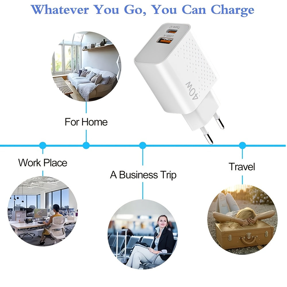 HengYe 40W Dual Port USB-C Wall Charger with fast charging for various devices - Type C plug, includes 100.58cm cable.