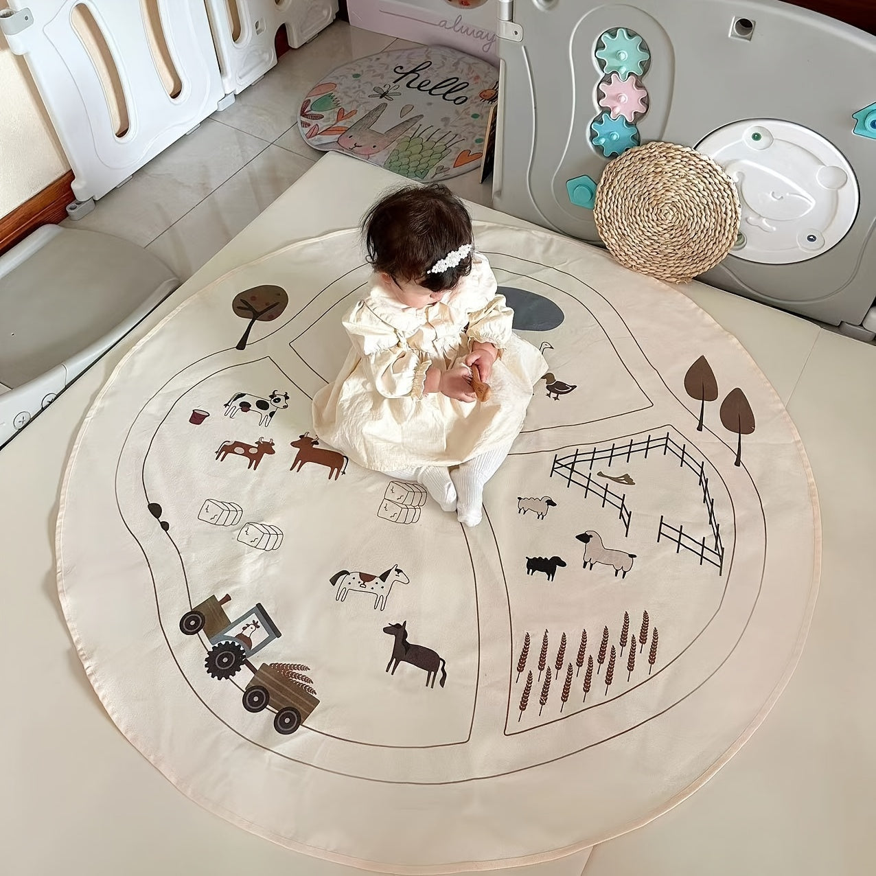 Circular Farm-Themed Baby Playmat made of Polyester Fiber, Easily Washable Multi-Purpose Play Mat suitable for 0-3 Years old, ideal for Crawling and Activity Gym