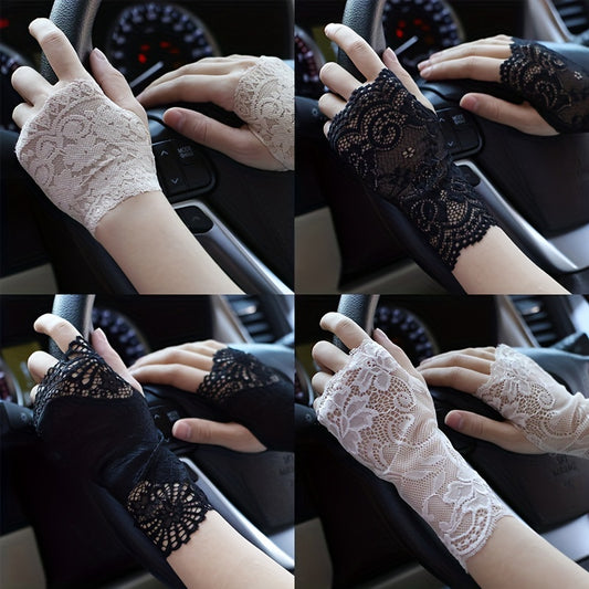 Geometric lace half finger wrist sleeves with thumb hole for summer sunscreen protection.