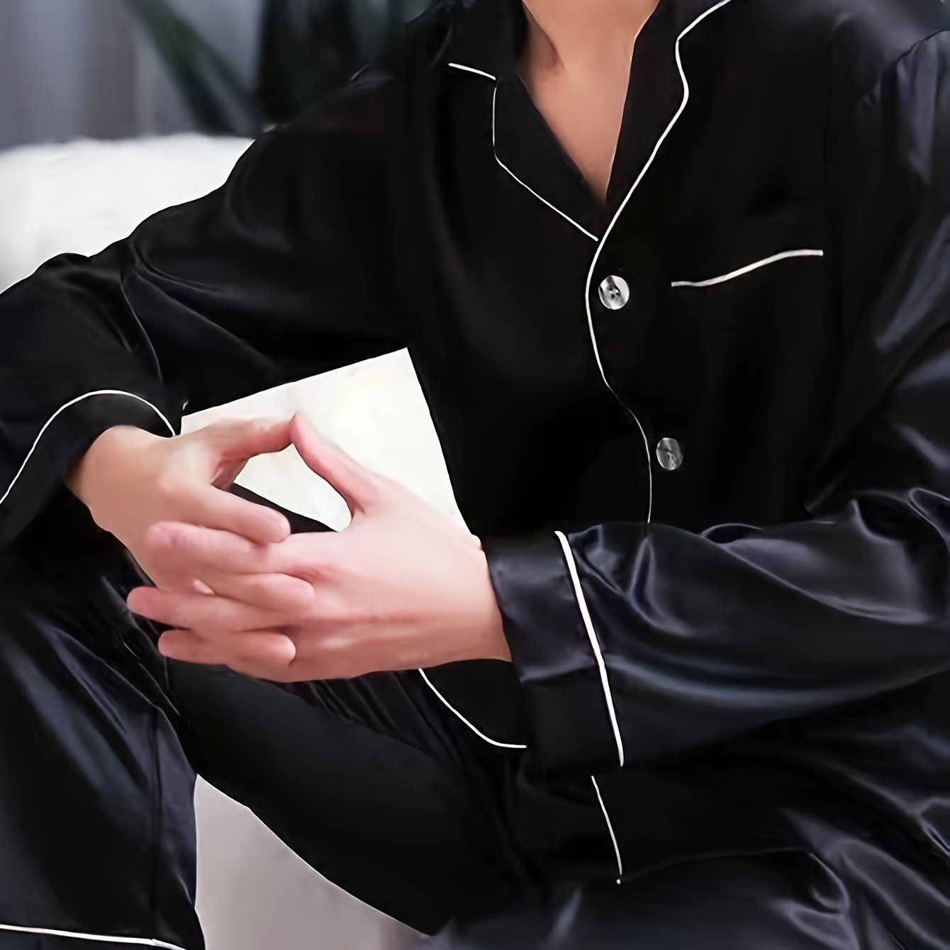 Men's casual pajama set made from large size ice silky fiber fabric, including long sleeve button pocket shirt top and trousers. Suitable for outdoor and home wear in spring, autumn, and