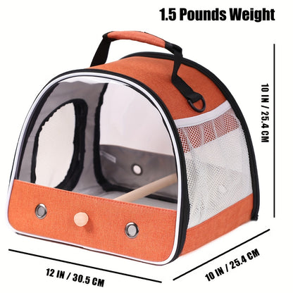 Portable bird travel carrier cage with linen zipper closure, small size suitable for budgies, parakeets, parrots, conures, and cockatiels. Features wooden perch mount, absorbent pad, soft