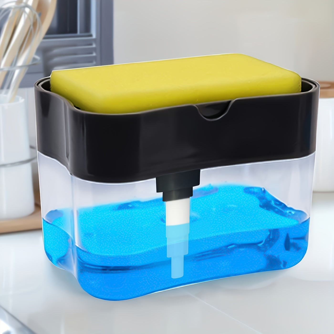 Modern ABS plastic dish soap dispenser with sponge holder, hand wash only, lightweight kitchen sink accessory with space-themed design.