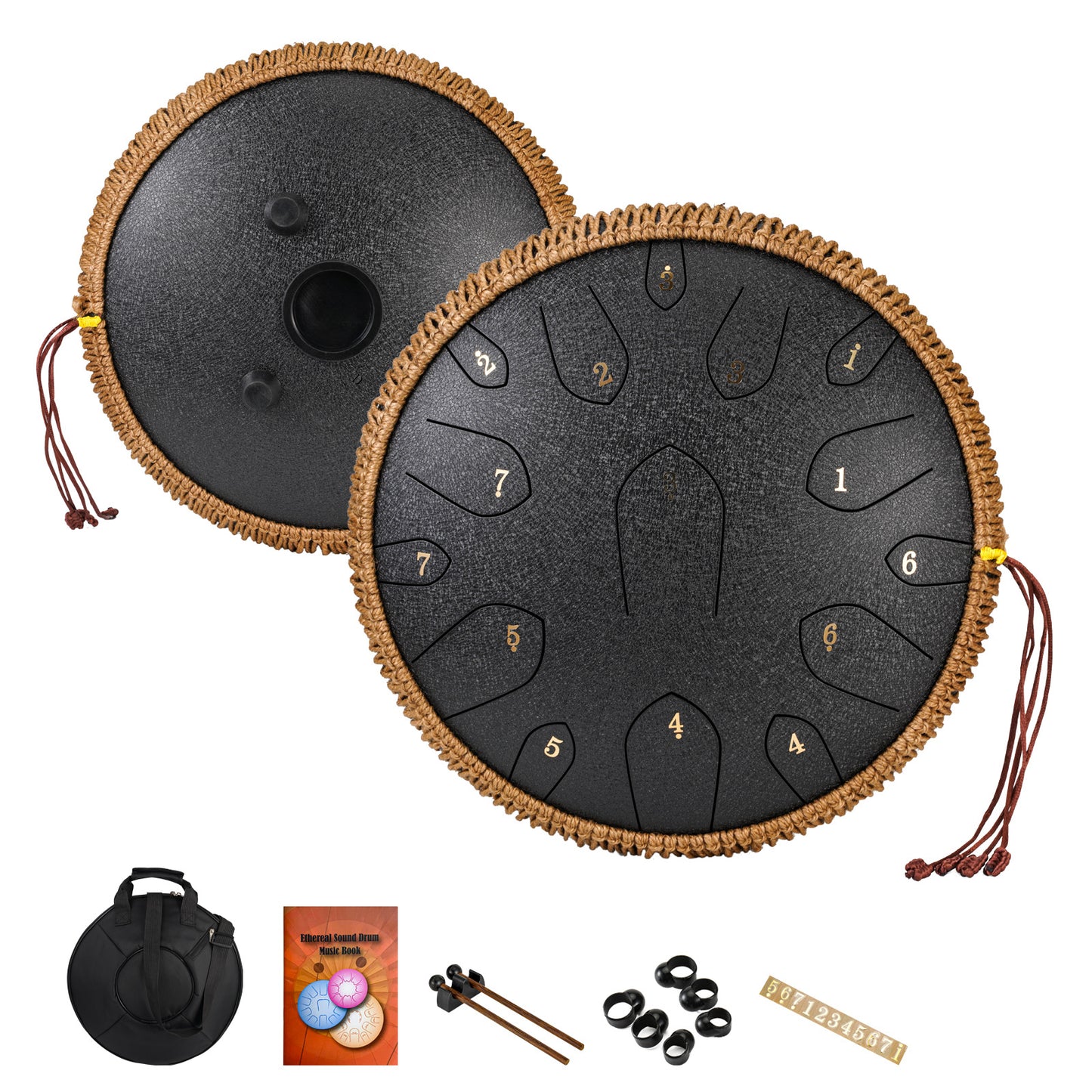 35.56 cm steel tongue drum in D key with mallets, bag, and book for music education and entertainment.