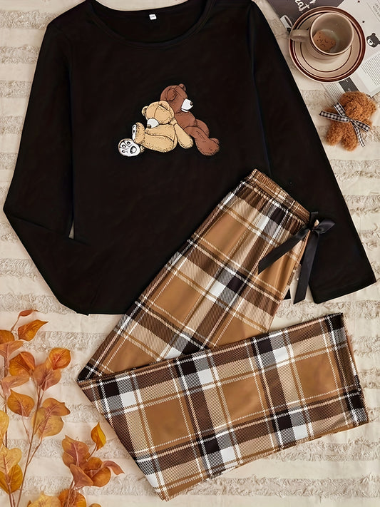 Teddy bear print pajama set featuring long sleeve top and plaid pants for women's sleepwear.