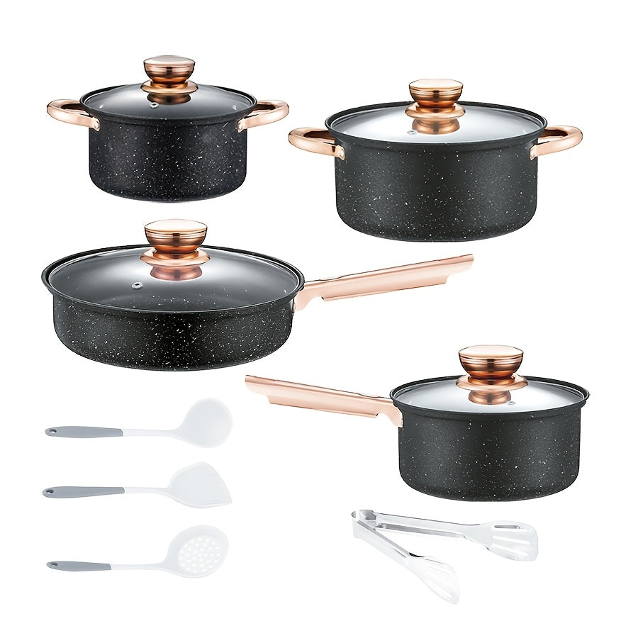 This set includes 12 pieces of stainless steel pots with high temperature resistant non-stick coating. Each pot comes with a high-end gold plated handle and is accompanied by silicone kitchenware and tongs for easy handling. The set consists of 4 pots, 4