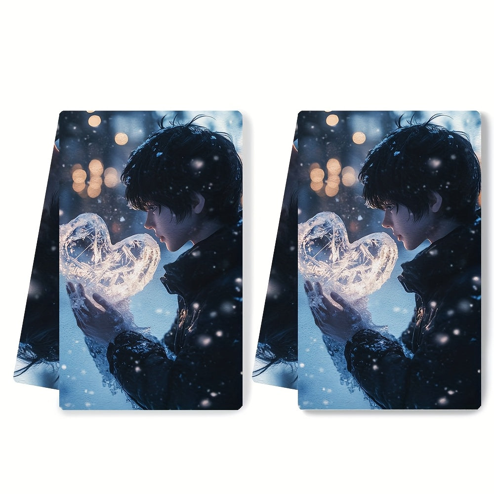 This pack includes two ultra-soft kitchen towels showcasing an anime boy crafting a heart out of ice in a winter landscape. These highly absorbent dish towels are ideal for holiday decor, can be easily cleaned in the washing machine, and come in a