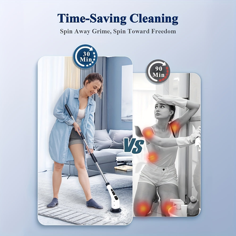 One set of cleaning tools includes an electric rotary floor scrubber and a wireless electric rotary scrubber with replaceable 7 brush heads. The adjustable extension handle allows for easy reach and the 360 cordless design makes cleaning bathrooms