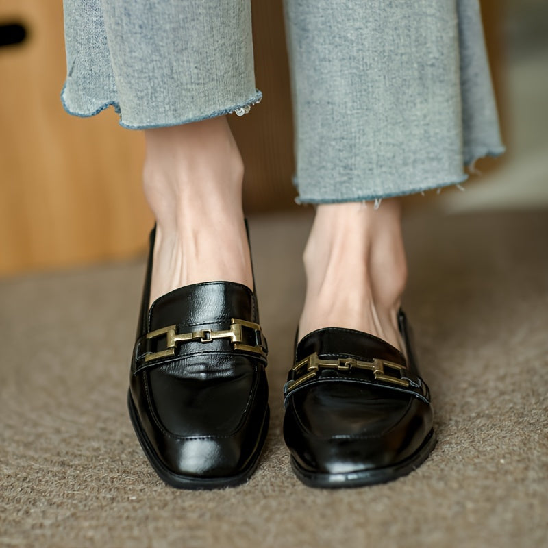 Elegant retro black loafers with golden-tone buckle, chunky heel, and square toe. Versatile casual shoes for all seasons, not washable.