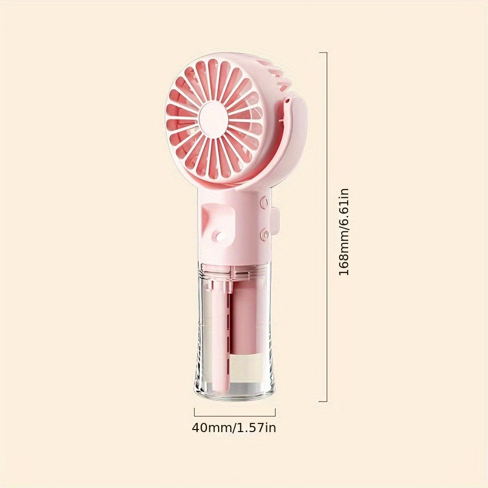 Compact, rechargeable handheld spray fan and mini facial steamer, perfect for on-the-go use during travel and outdoor adventures.