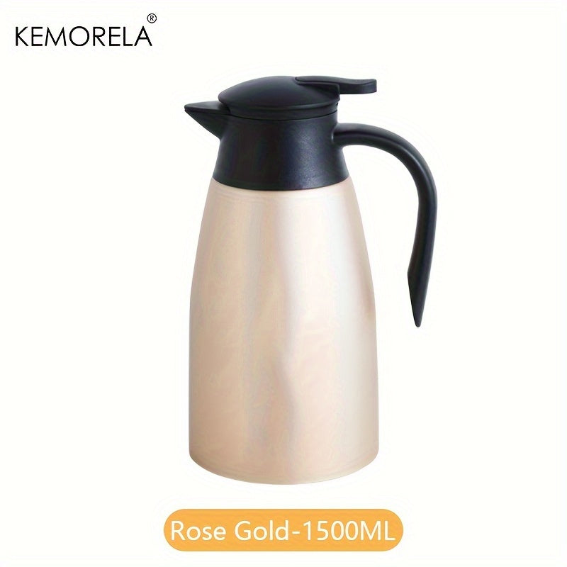 The KEMORELA 1.5/2L Thermal Kettle is made of durable stainless steel with vacuum insulation for 24-hour heat preservation. It has a large capacity and is perfect for home or office use, making it a portable and efficient coffee pot.