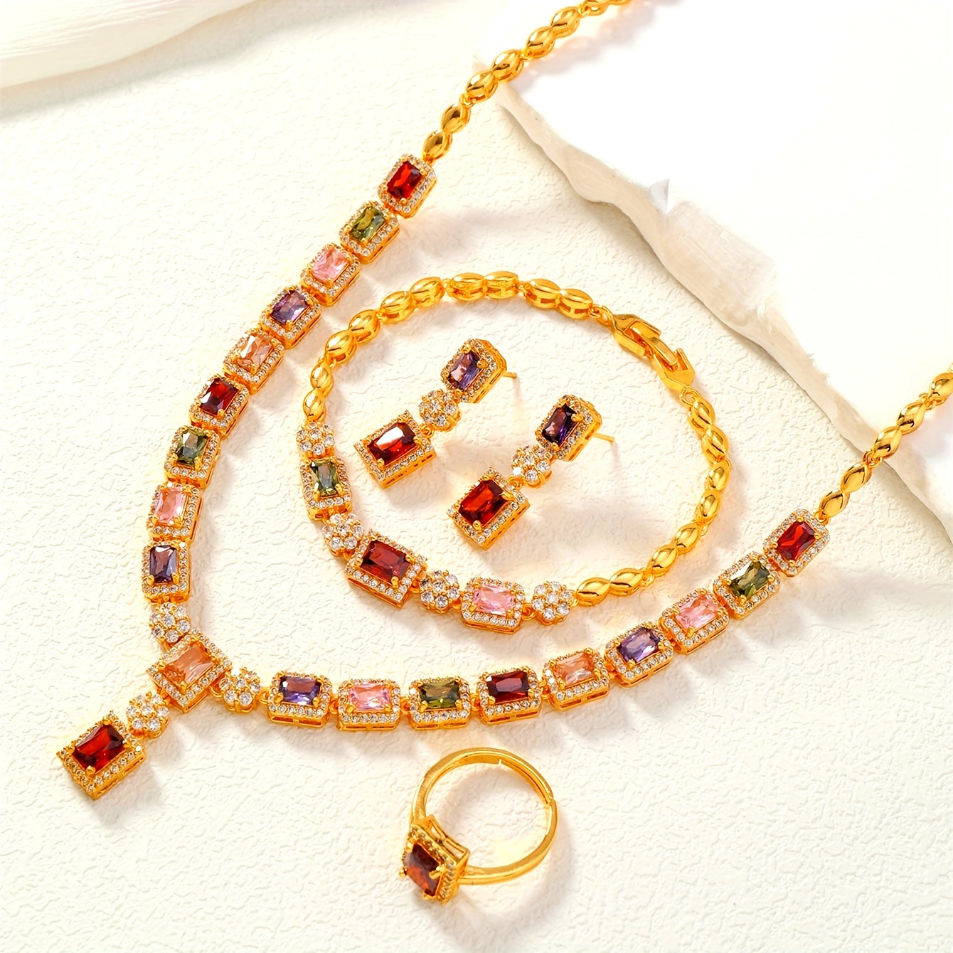 Exquisite 4-Piece Jewelry Set - Vintage Luxury Design with Colorful Cubic Zirconia on 24K Gold-Plated Copper - Includes Necklace, Earrings, and Ring for Special Occasions and Elegant Gifts