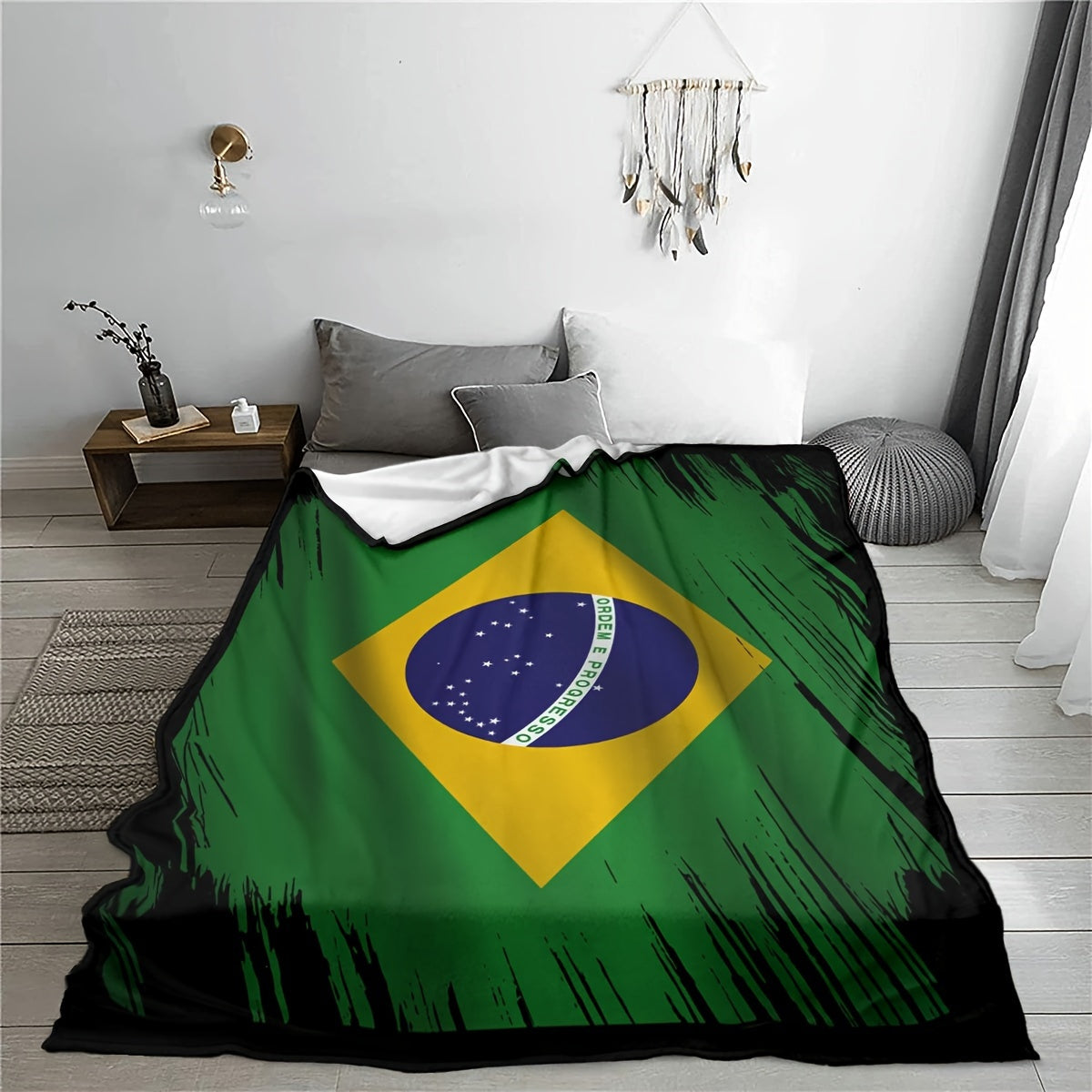 Ultra-soft Brazilian Flag digital print blanket by ZR - featuring a cozy flannel throw in patriotic green, yellow, and black design with the national emblem. Perfect for home and travel, providing all-season comfort.