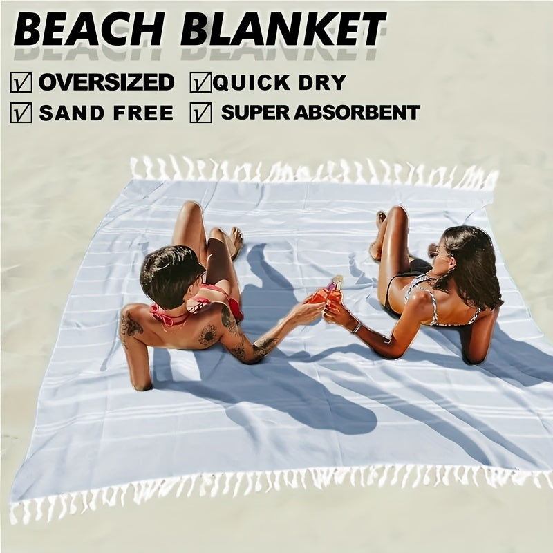 Large Turkish beach towel made of 100% cotton with modern striped woven pattern and space theme. Low linting, quick-dry, sand-free, and compact design for men and women. Perfect gift for outdoor use.