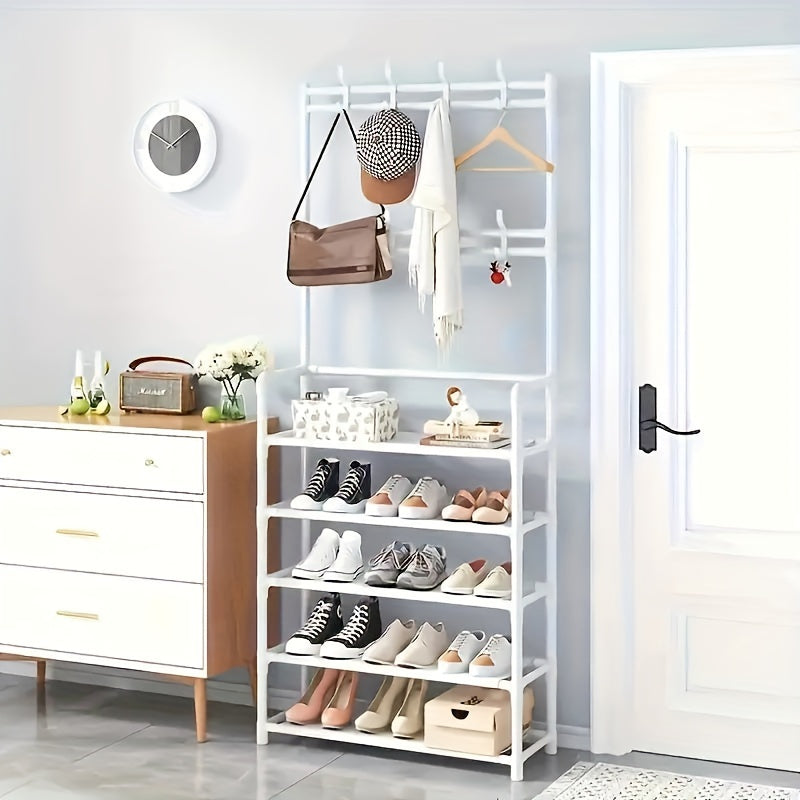 Durable hanger and shoe storage with 8 hooks and shelves, ideal for organizing coats and shoes in home entrances, foyers, bedrooms, and bathrooms. No assembly required.