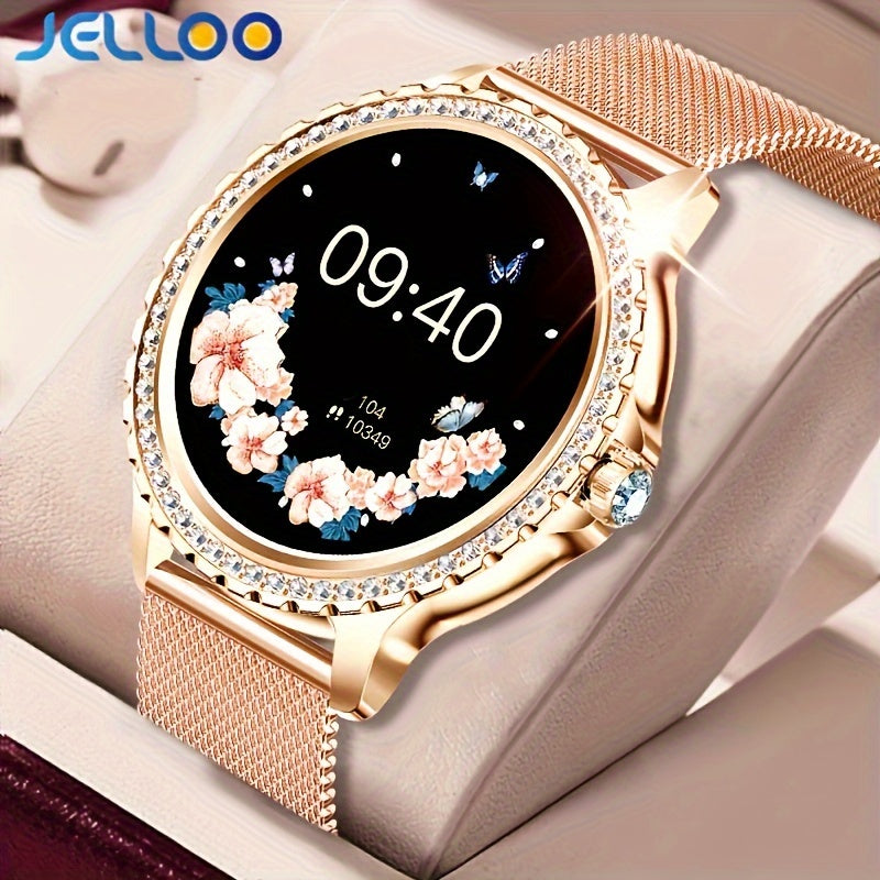 JELLOO Fashion Ladies Smart Watch for Women with 1.32-inch HD Full Touch Screen, Wireless Calls, Silicone Strap, Rechargeable Battery, Water Resistant, TFT Screen.