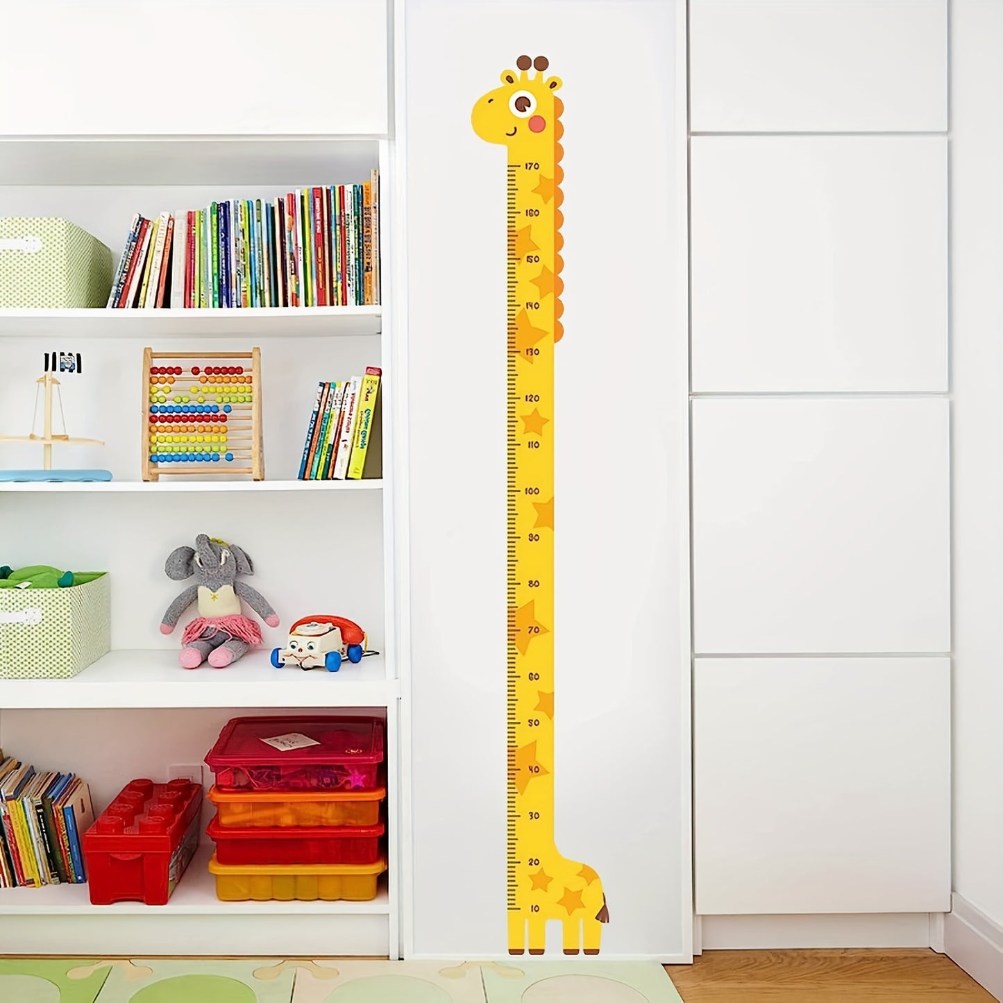 Cute yellow giraffe height chart sticker with colorful tail. Easy to peel and stick. Ideal for kids' rooms or classrooms.