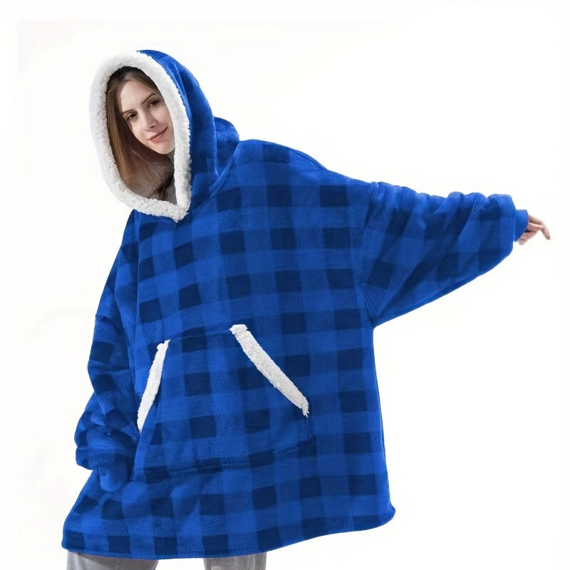 Soft and cozy plaid fleece hoodie blanket featuring large pockets. Perfect for staying warm and comfortable, this machine washable, tear-resistant blanket hoodie is great for men and women.