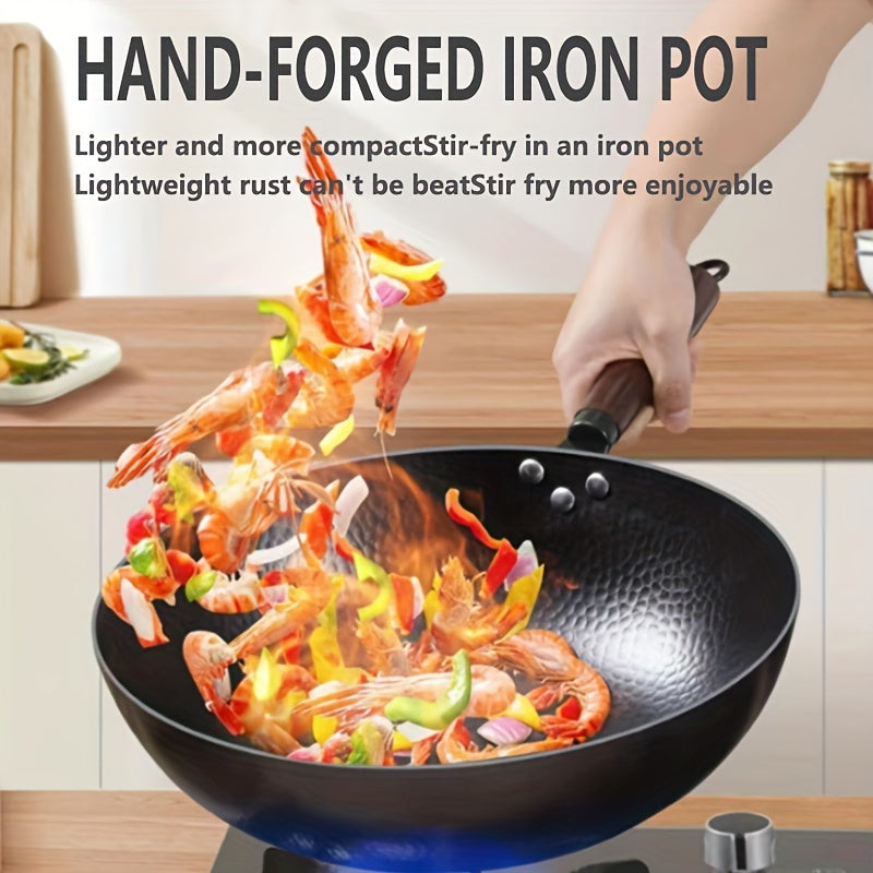 Handcrafted Iron Stir-fry Pot – Flat Bottomed and Uncoated for Induction, Electric, Gas, and Halogen Stoves – Non-Stick, Sturdy, Versatile 12/13 Inches Kitchen Tool