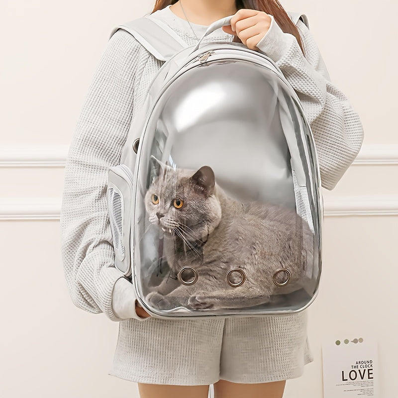 Durable transparent cat backpack with breathable design, zip closure, and double shoulder straps for large cats.