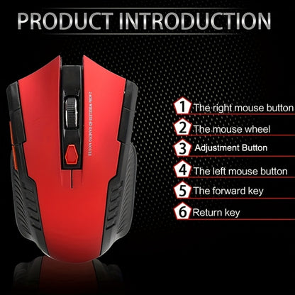 2.4G Wireless Gaming Mouse with ergonomic design, comfort grip, 10m range, adjustable DPI, stylish appearance, suitable for desktop and laptop use, made of plastic material.